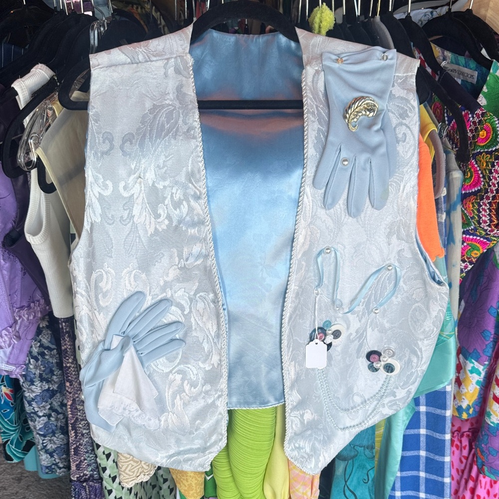 Handmade Light Blue Satin Jacquard Vest with Gloves and Embellishments